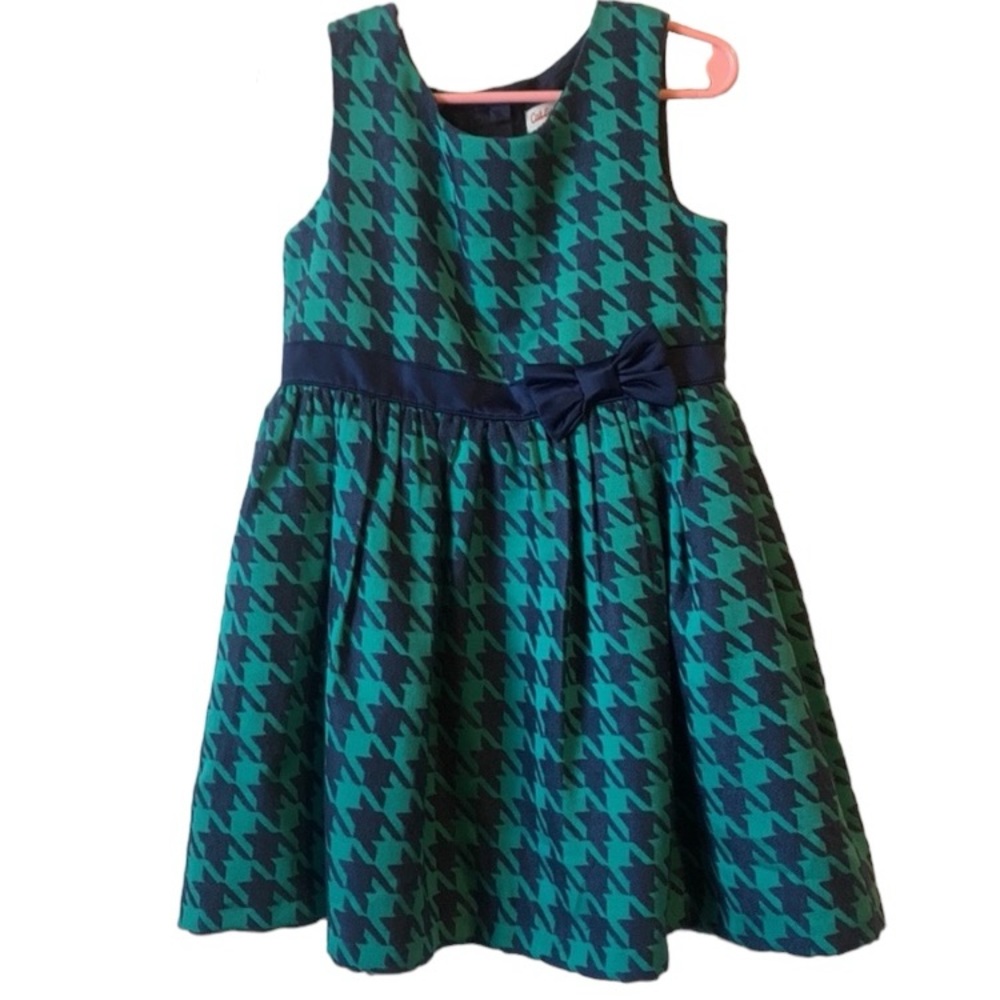 Cat & Jack Fully Green & Navy Houndstooth Lined Dress XS/4-5 NWOT